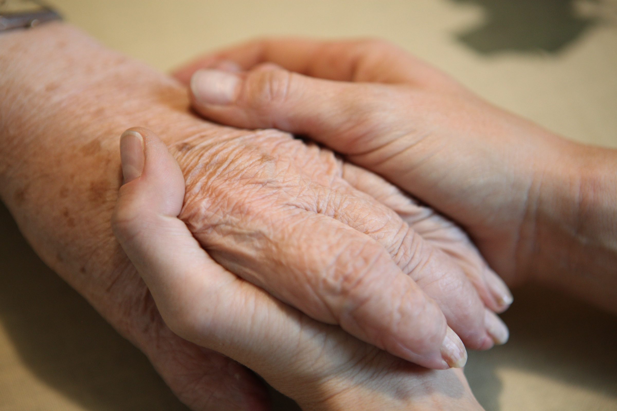 Die Hand einer Seniorin liegt in Tanja Töfferles Händen — Symbolbild für behutsame Geriatrie-Physiotherapie